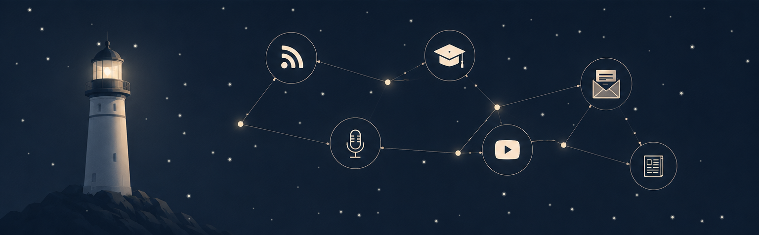 Overnight, Brevio collects and reads every source: videos, podcasts, RSS feeds, newsletters